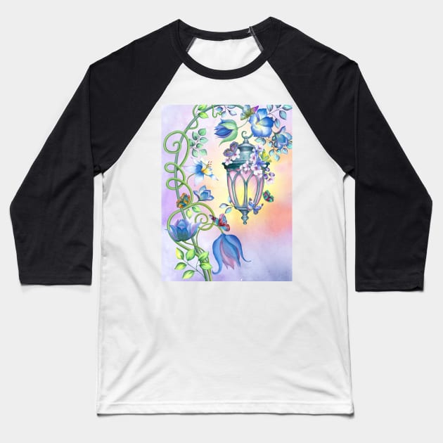 Magic streetlight with flowers and butterflies decoration. Fairy spring garden watercolor illustration. Colorful romantic scenery Baseball T-Shirt by likapix